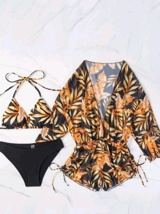 Damen Strandoutfit im Set mit kombiniertem Bikini und lässiger Kaftan R&B