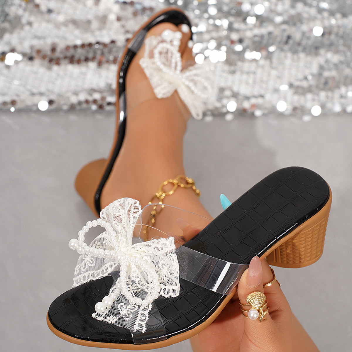 Damen Transparentes Flip-Flop mit eleganter Schleifen-Applikation und Blockabsatz R&B