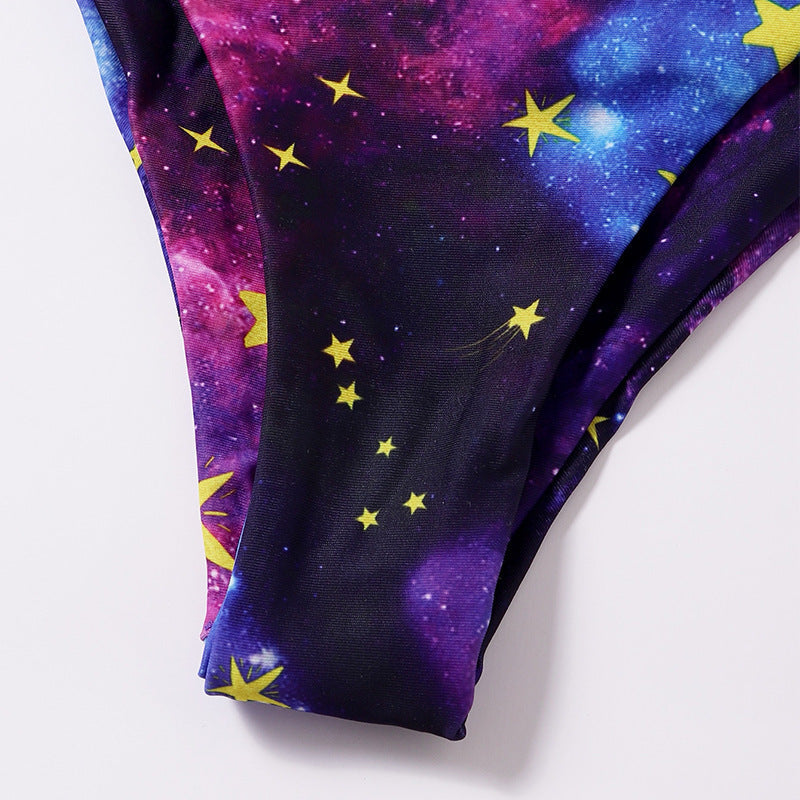 Damen Triangel-Bikini mit buntem Galaxienmuster und verspieltem Knoten R&B