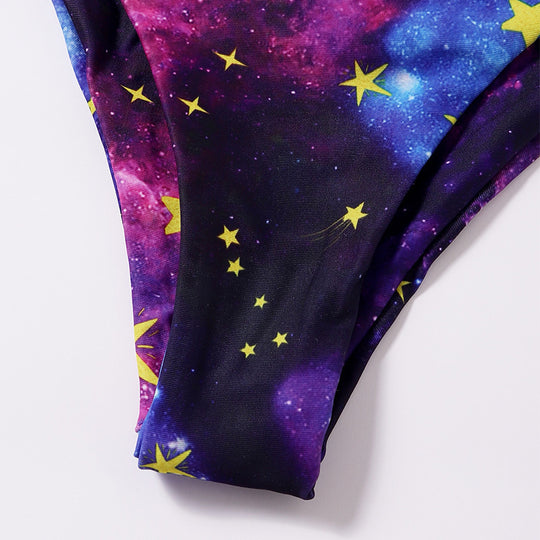 Damen Triangel-Bikini mit buntem Galaxienmuster und verspieltem Knoten R&B