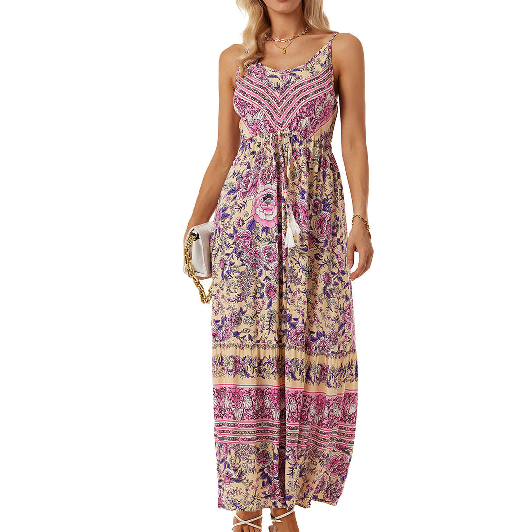 Damen Langes Sommerkleid mit buntem Blumenmuster und taillierbarem Bandeau R&B