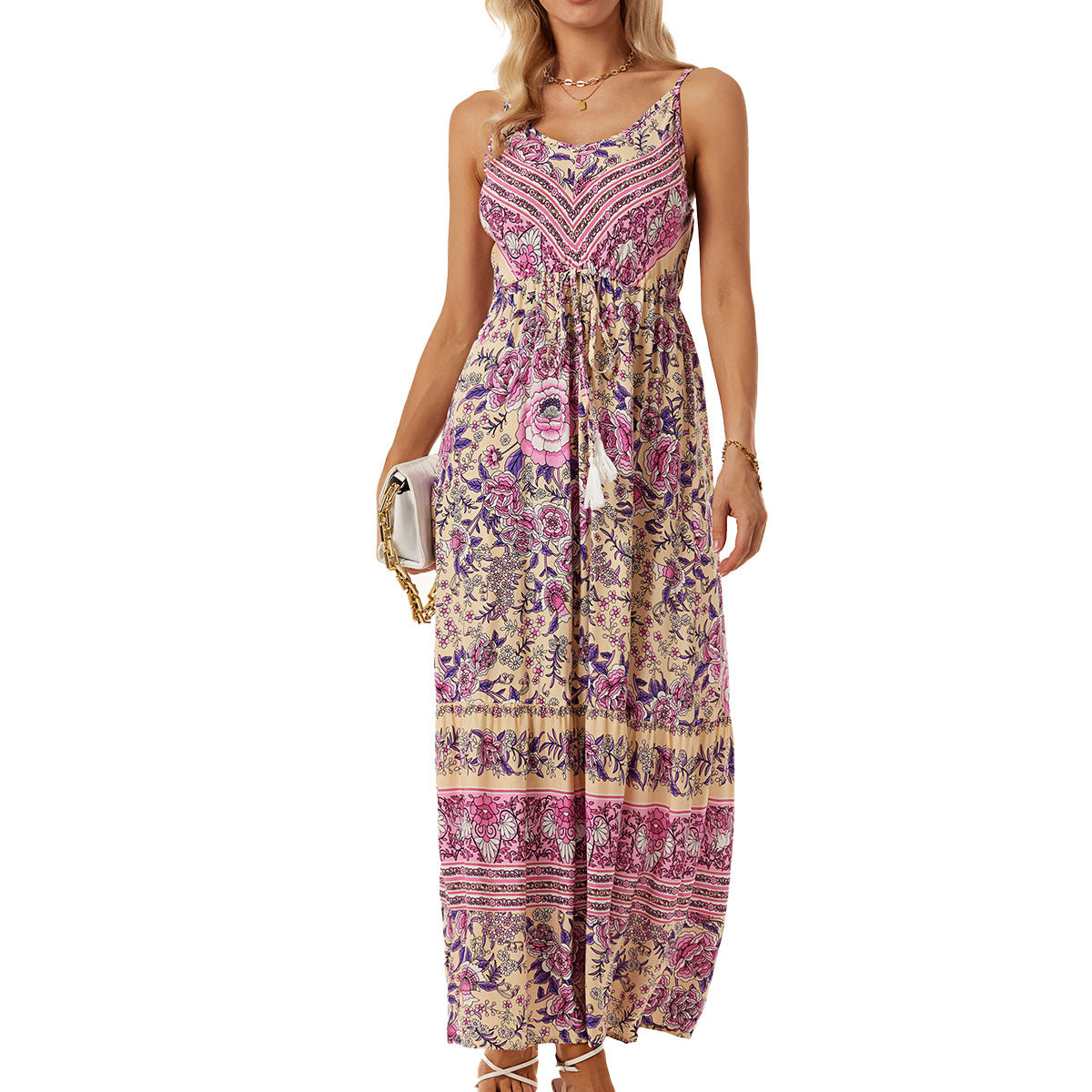 Damen Langes Sommerkleid mit buntem Blumenmuster und taillierbarem Bandeau R&B