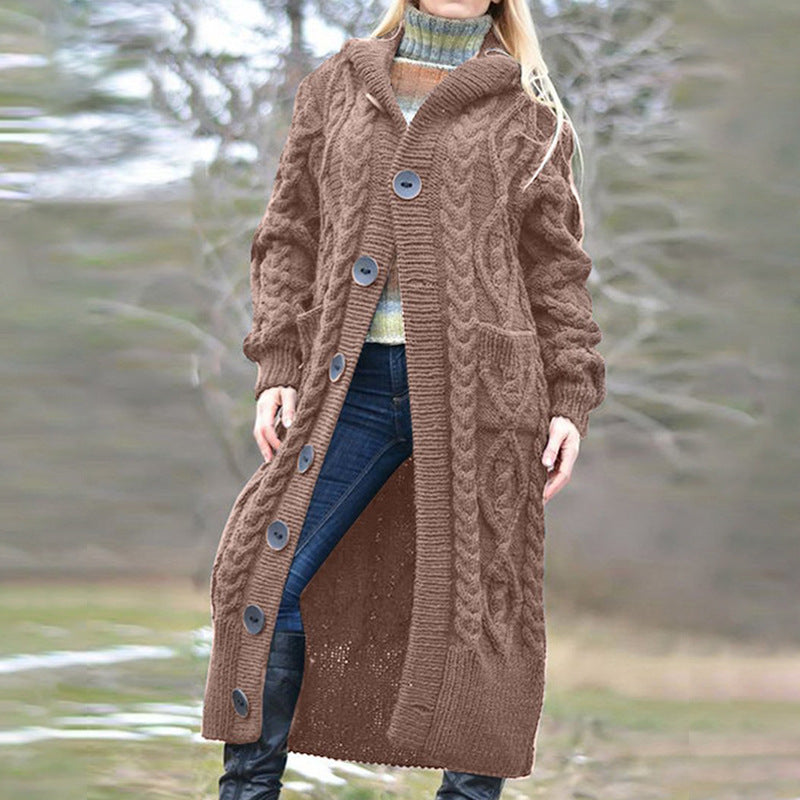 Damen Langer Strickmantel mit Kapuze und klassischem Zopfdesign R&B