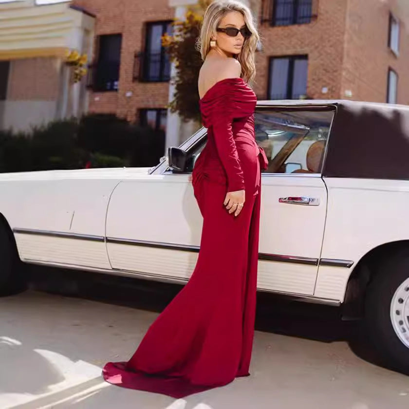 Damen Elegantes Maxikleid mit Rüschendetails und Off-Shoulder-Ausschnitt R&B