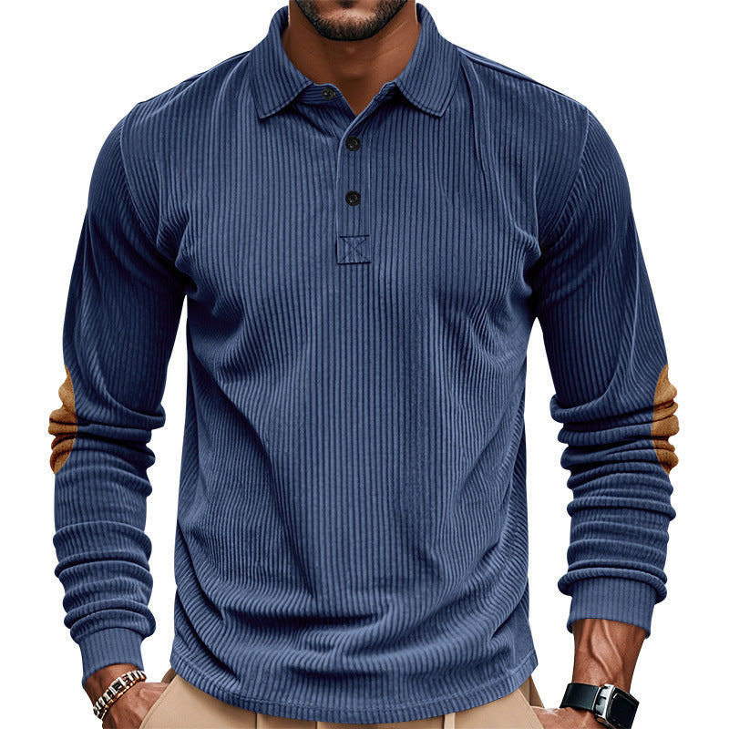 Herren nan schwerer gerippter Baumwoll-Polo-Pullover mit Kentkragen dreifach-Knopfleiste und Wildleder-Ellenbogenpatches R&B