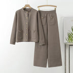 Damen gemütliches Strick-Loungewear-Set mit Knopfdetaillierung und aufgesetzten Taschen R&B