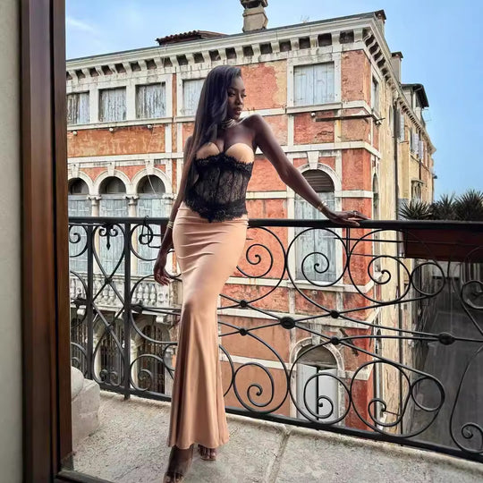 Damen Abendkleid mit elegantem Bustier und floralem Spitzenoberteil R&B