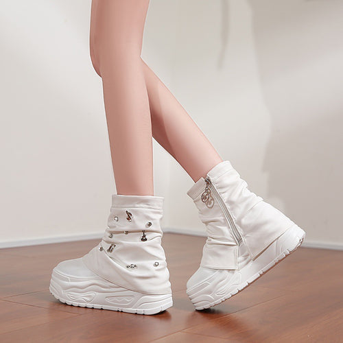 Damen nan Plateau-Stiefelette mit gerafftem Schaft und Musiknoten‑Zierapplikationen R&B