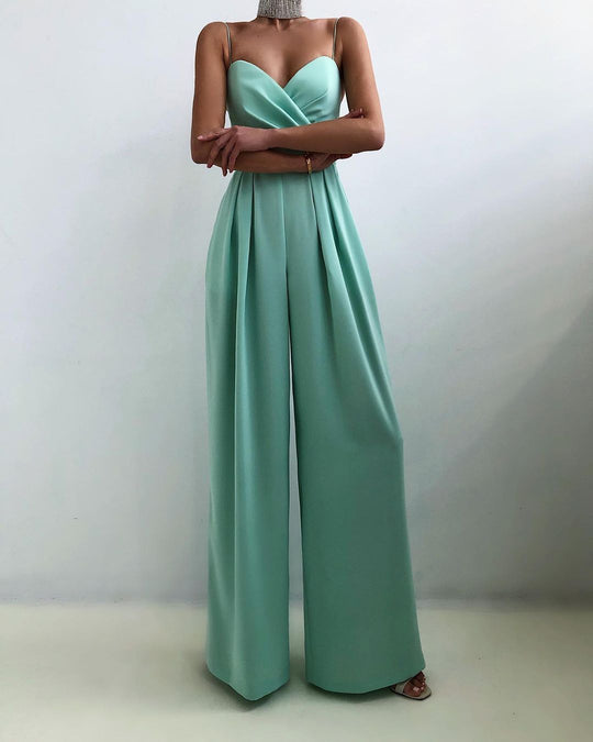Damen eleganter Jumpsuit mit tiefem V-Ausschnitt und weiten Beinen R&B