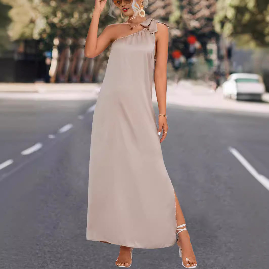 Damen Maxikleid mit asymmetrischem Träger und Seitenschlitz R&B