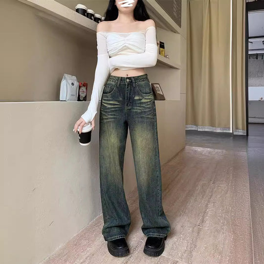 Damen weite Denim-Hose mit modernem High-Waist Schnitt und einzigartiger Waschung R&B