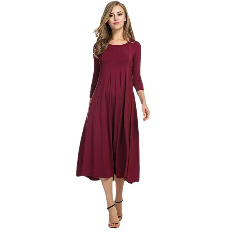 R&B | Quadrat-Ausschnitt 3/4-Lange Uni-Farbe Midi-Kleid