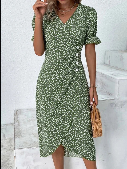 Damen Midikleid mit floralen Mustern und schmeichelndem V-Ausschnitt R&B