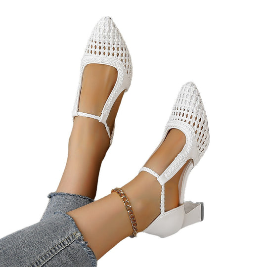 Damen elegante T-strap Sandaletten mit geflochtenem Design und komfortablem Blockabsatz R&B