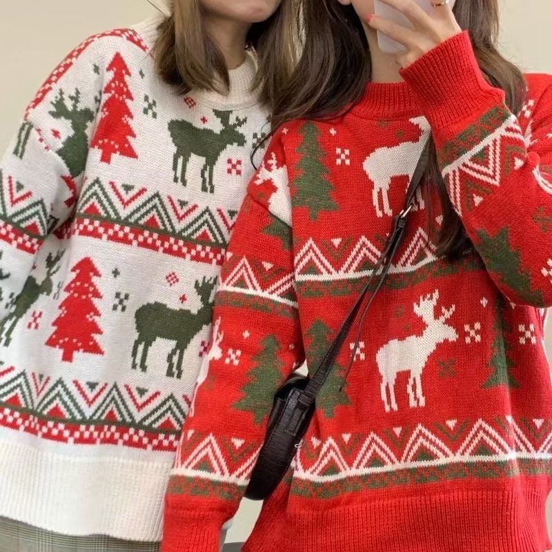 Damen Grobstrickpullover mit festlichem Rentier-Motiv und Rundhalsausschnitt R&B