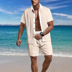 Herren nan modernes Freizeit-Set aus feinem Strukturjersey mit Hemdkragen-Knopfleiste und Kordel-Shorts R&B
