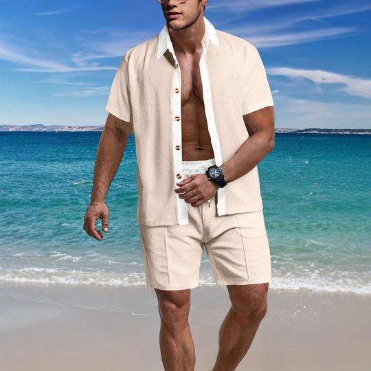 Herren nan modernes Freizeit-Set aus feinem Strukturjersey mit Hemdkragen-Knopfleiste und Kordel-Shorts R&B