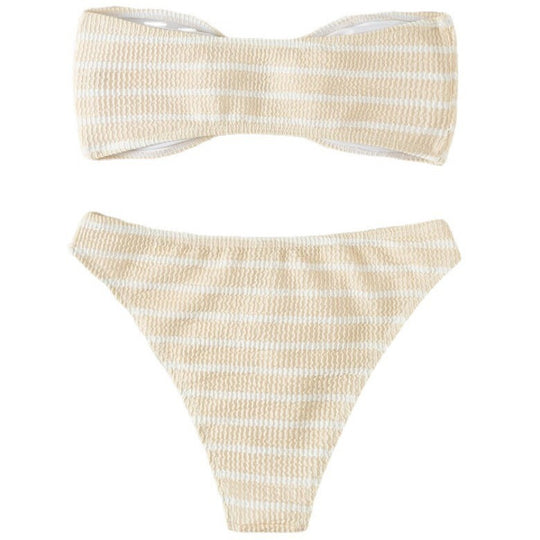 Damen Bandeau-Bikini mit modischem Streifenmuster und dekorativer Schnalle R&B