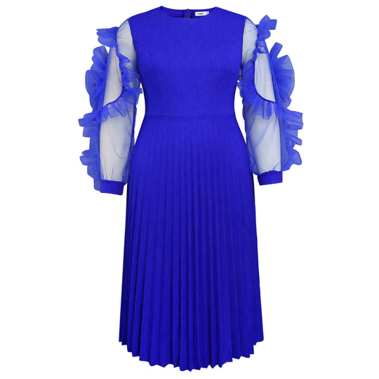 Damen plissiertes Kleid mit voluminösen Tüllärmeln R&B