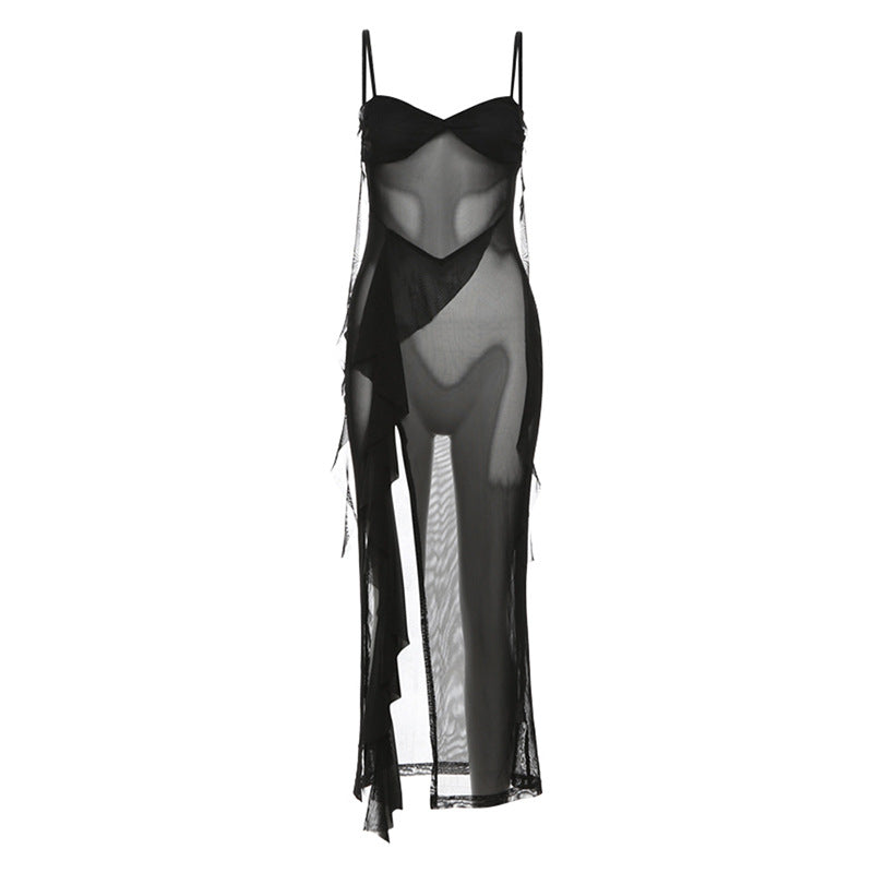 Damen transparenter Maxi-Strandanzug mit asymmetrischem Schnitt und Rüschen R&B