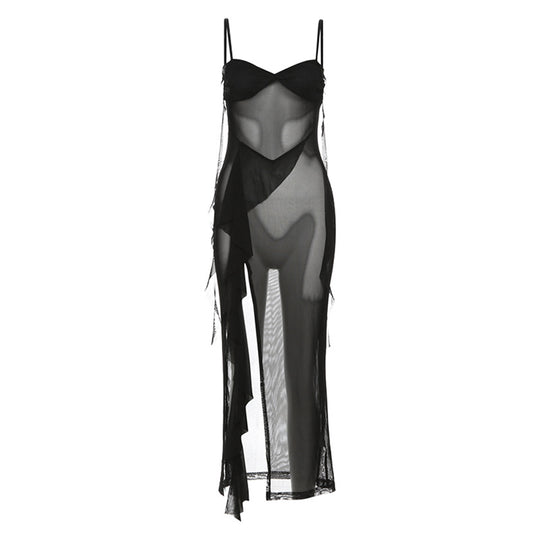 Damen transparenter Maxi-Strandanzug mit asymmetrischem Schnitt und Rüschen R&B