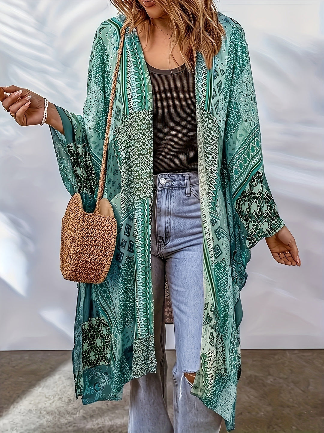 Damen Lässige Kimono-Jacke mit buntem Muster und weitem Schnitt R&B