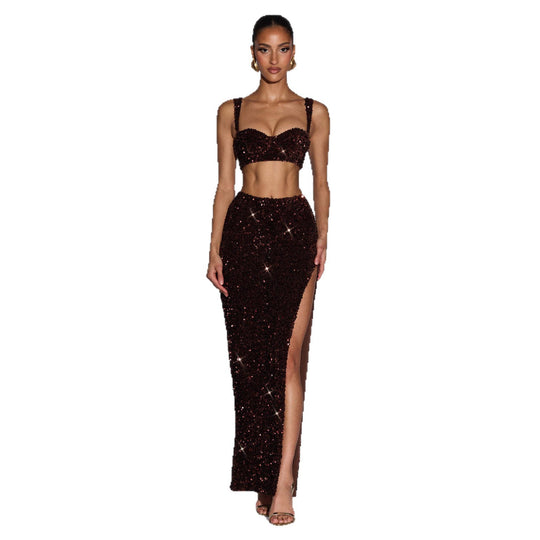 Damen Glitzerndes Abendkleid mit tiefem Schlitz und raffinierten Trägern R&B