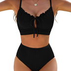 Damen hoch tailliertes Bikini-Set mit Rüschendetails und verstellbaren Trägern R&B