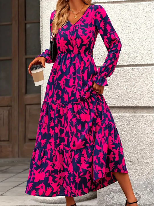 Damen Maxikleid mit V-Ausschnitt und voluminösen Ärmeln R&B