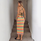 Damen Strick-Kleid im lässigen Streifenmuster mit schmalen Spaghetti-Trägern R&B