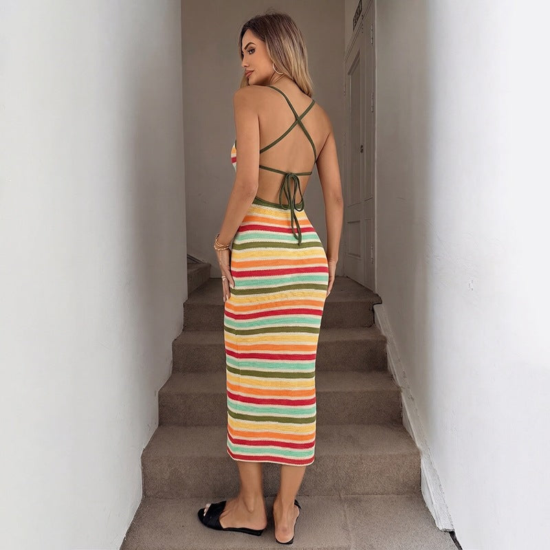 Damen Strick-Kleid im lässigen Streifenmuster mit schmalen Spaghetti-Trägern R&B