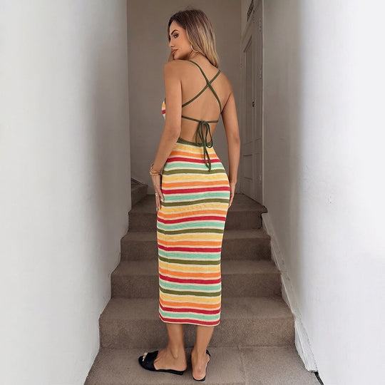 Damen Strick-Kleid im lässigen Streifenmuster mit schmalen Spaghetti-Trägern R&B