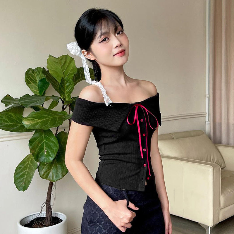 Damen Off-Shoulder Bluse mit Kontrastknöpfen und Taillenband R&B