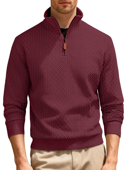 Herren nan feinstrukturierter Halbzip-Pullover im Jacquard-Relief mit hohem Stehkragen und Leder-Zipper R&B