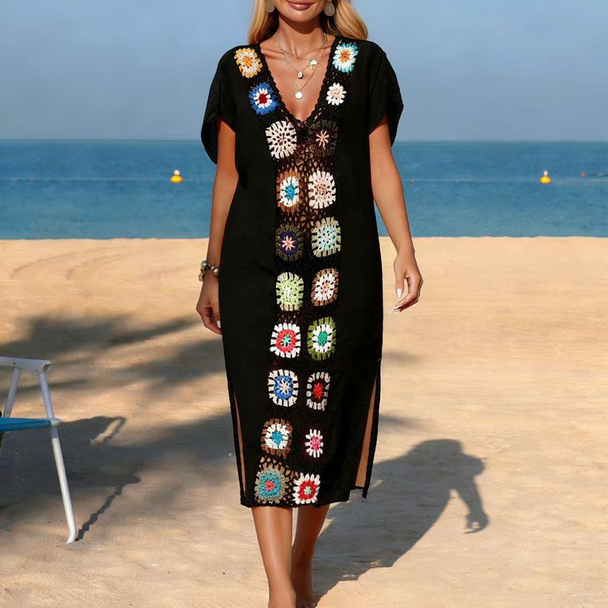 Damen Strandkleid mit floralen Häkelelementen R&B