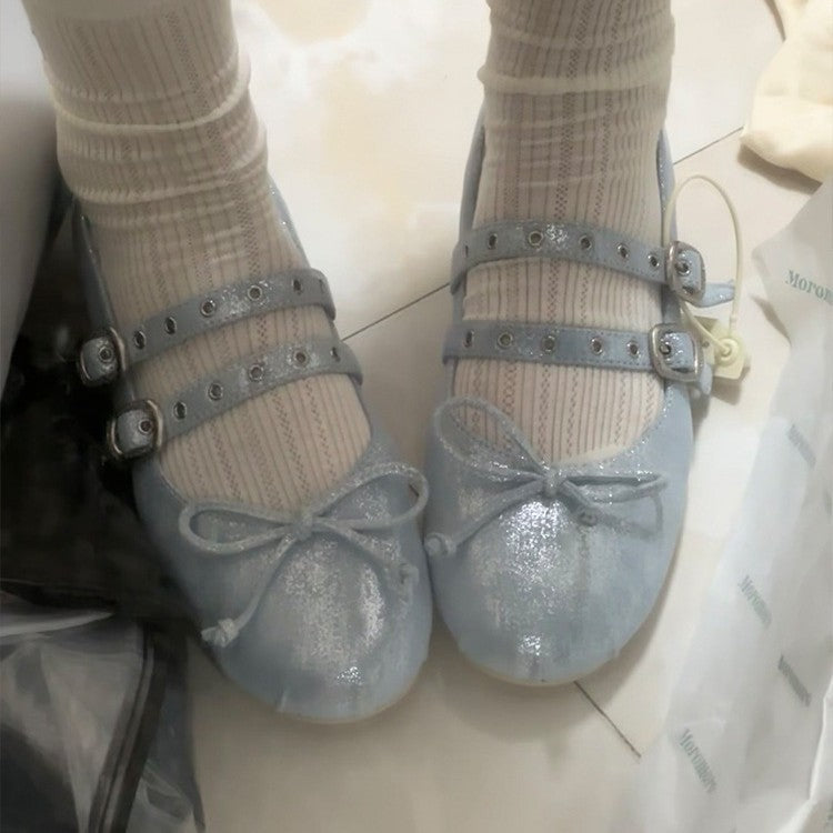 Damen Ballerinas mit doppeltem Riemendesign und zartem Schleifendetail