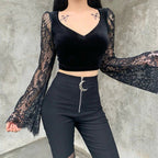 Damen Crop-Top mit eleganten Spitze-Ärmeln und figurbetontem Schnitt R&B