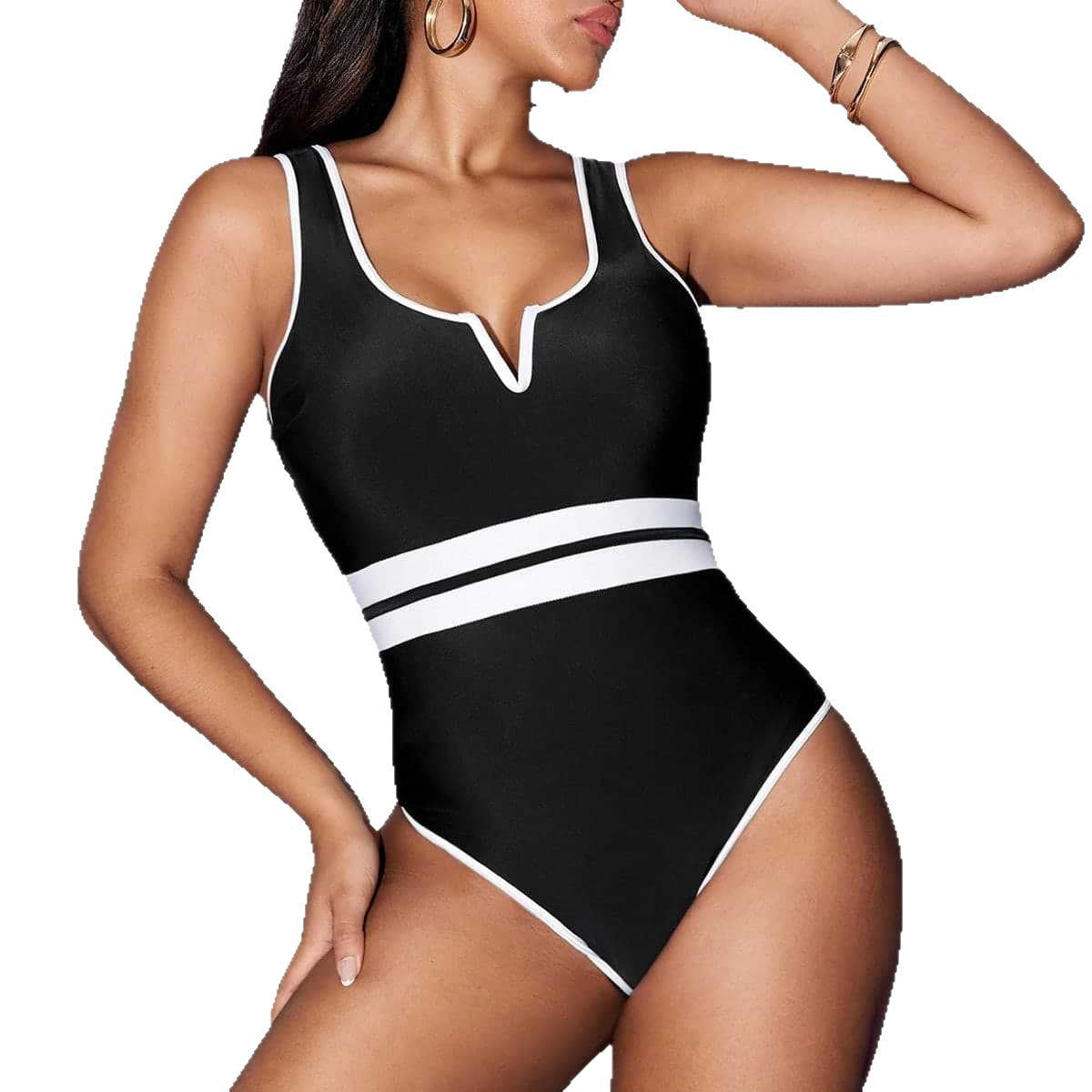 Damen Hochgeschnittener Badeanzug mit Kontrastbesatz R&B