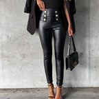 Damen imitat Leggings mit glänzender Oberfläche und dekorativen Knöpfen