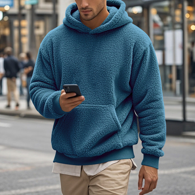 Herren Hoodie aus kuscheligem Teddy-Fleece mit Kängurutasche und breiten Bündchen R&B