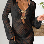 Damen Häkel-Strandkleid mit tiefem V-Ausschnitt und eleganten Knöpfen R&B