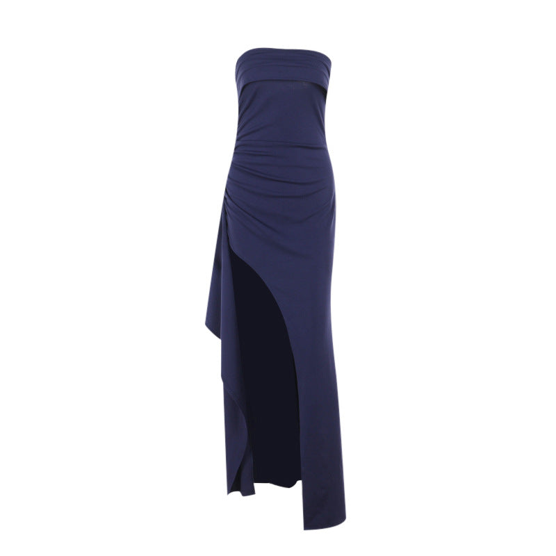 Damen elegantes Maxi-Kleid mit schulterfreiem Design und asymmetrischem Schlitz R&B