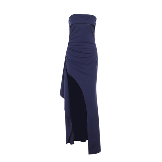 Damen elegantes Maxi-Kleid mit schulterfreiem Design und asymmetrischem Schlitz R&B