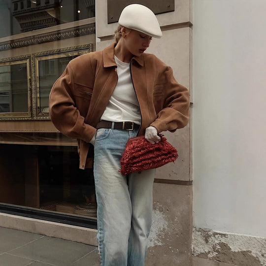 Damen Oversized Wildlederjacke mit großen Taschen und lässigem Schnitt R&B