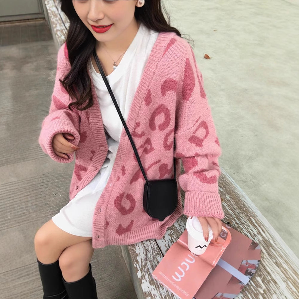 Damen gemütliche Strickjacke mit einzigartigem Leopardenmuster R&B