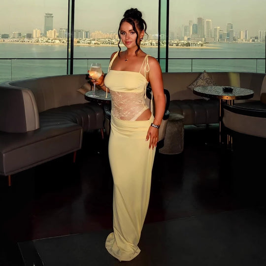 Damen elegantes langes Kleid mit raffiniertem Spitzenoberteil und verstellbaren Trägern R&B