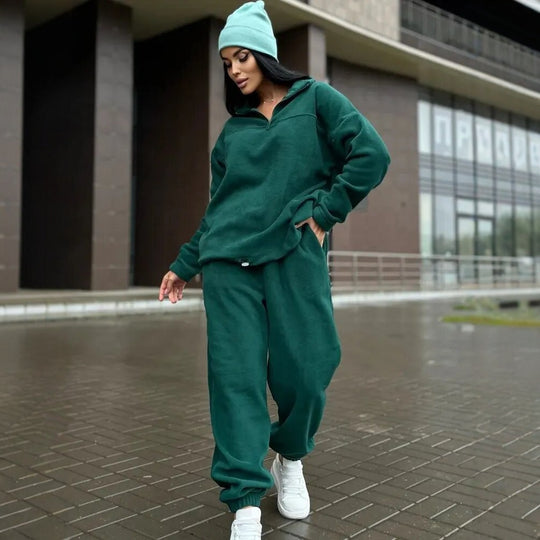 Damen Kuscheliges Fleece-Loungewear-Set mit Halb-Reißverschluss und elastischem Bund R&B