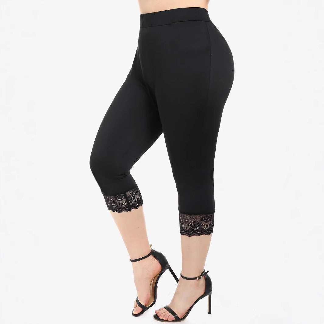 Damen Figurbetonte 3/4-Leggings mit eleganten Spitzenabschlüssen R&B