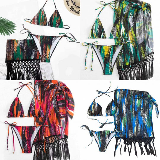 Damen Bikini-Set mit trendigem Fransenüberrock und verstellbaren Trägern R&B