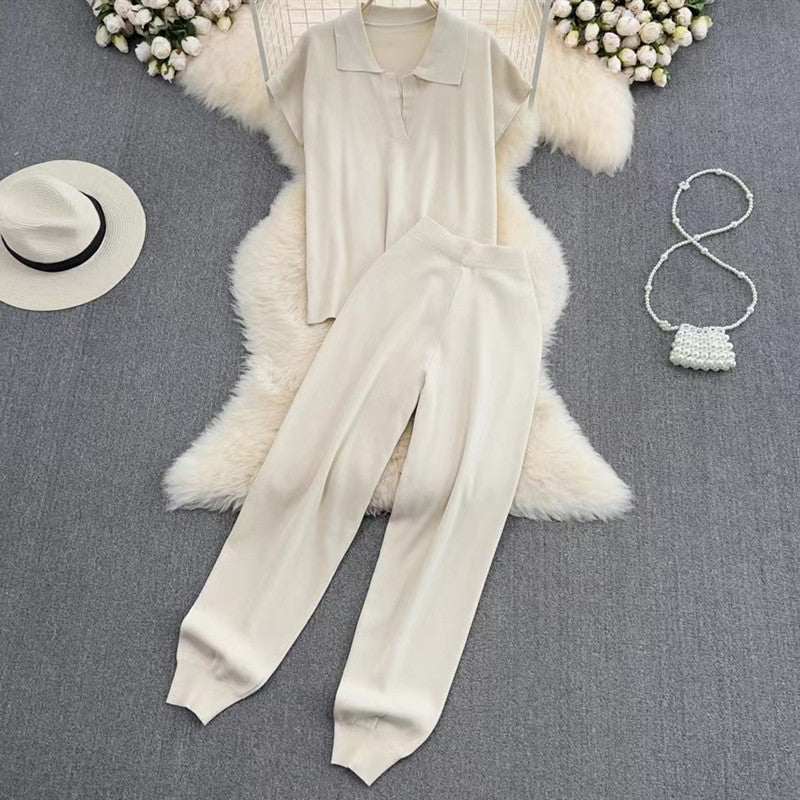 Damen elegantes Lounge-Set mit kurzärmligem Polo und weiten Hosen R&B